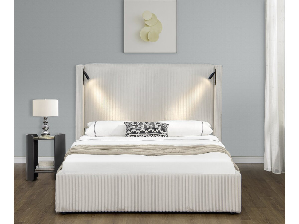 Cama de casal em veludo cotelê com cômoda integrada e abajur "Cortina" - 160 x 200 cm - Bege