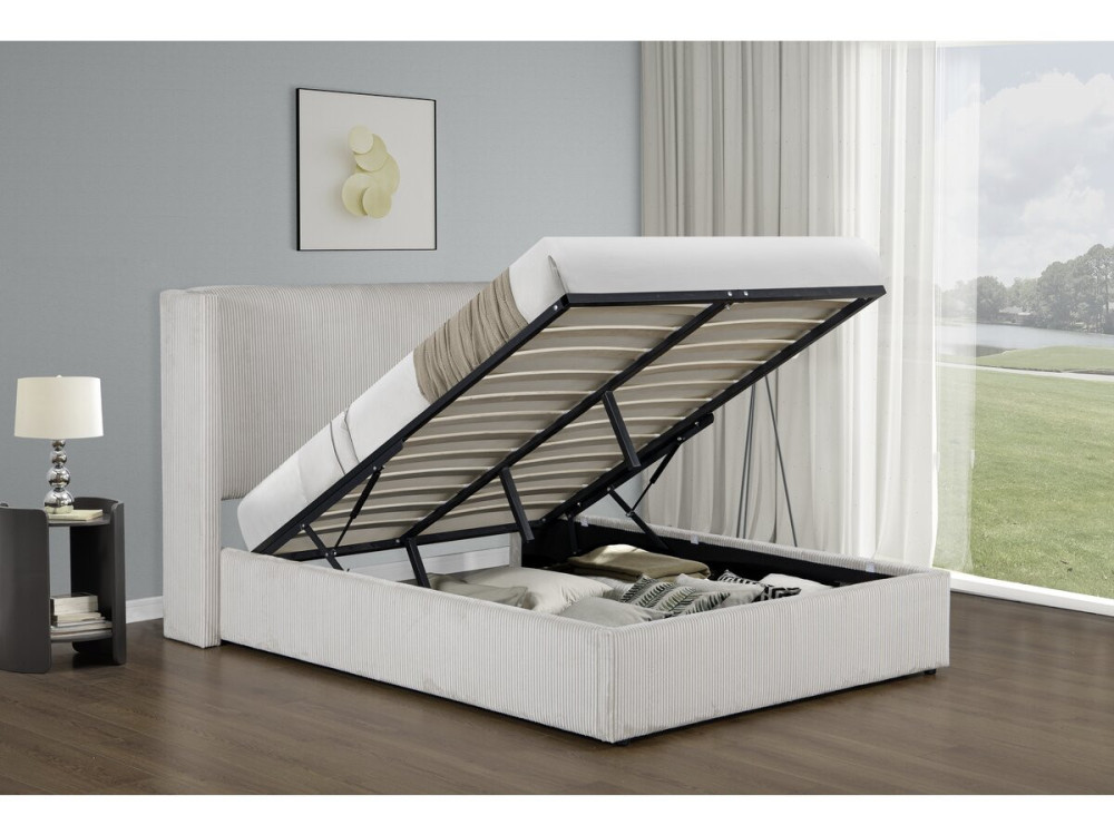 Cama de casal em veludo cotelê com cômoda integrada e abajur "Cortina" - 160 x 200 cm - Bege