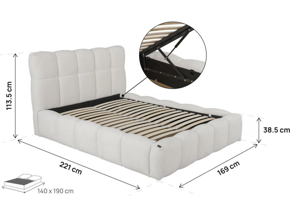 Cama de casal em tecido "Davos" com arrumação - 140 x 190 cm - Bege