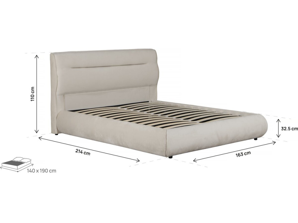 Cama de casal com arrumação em veludo "Chamonix" - 140 x 190 cm - Bege