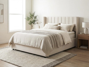 Cama de casal "Saint-Moritz" em linho com caixa - 160 x 200 cm - Bege 2