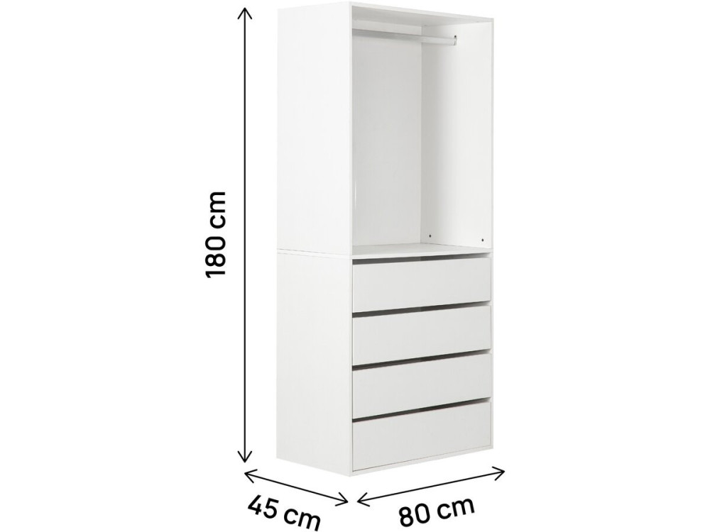 Roupeiro "Opéra" com 4 gavetas e 1 espaço para pendurar - 80 x 45 x 180 cm - Branco