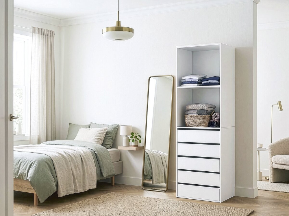 Roupeiro "Opéra" com 5 gavetas e 2 prateleiras - 60 x 45 x 180 cm - Branco