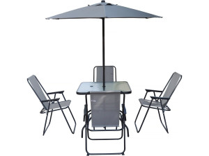 Mesa e cadeiras de jardim em metal "Convivia" com guarda-sol - 4 lugares - Cinzento claro