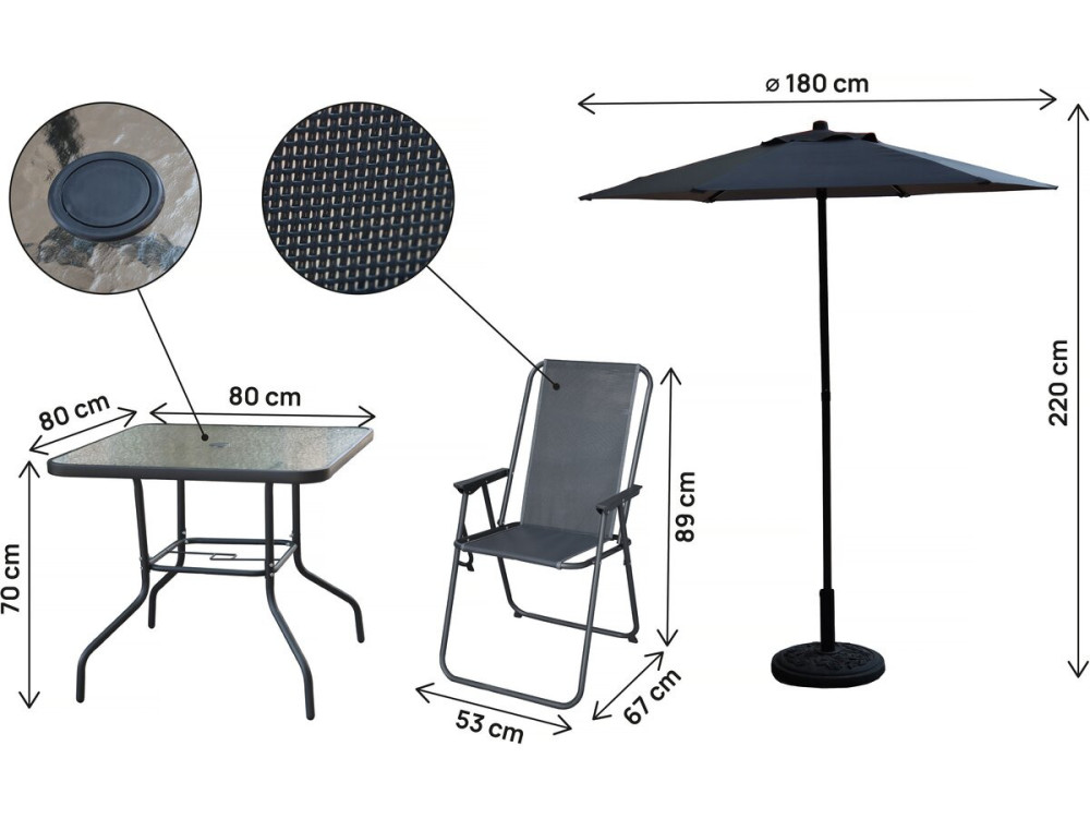 Mesa e cadeiras de jardim em metal "Convivia" com guarda-sol - 4 lugares - Cinzento antracite