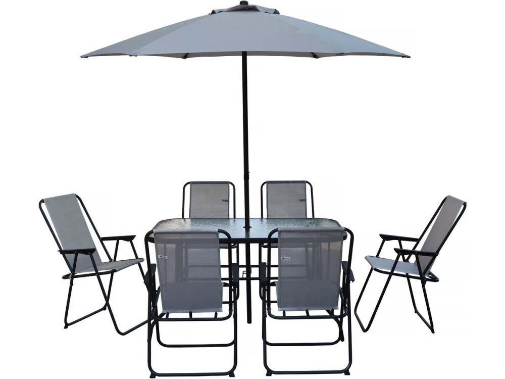 Mesa e cadeiras de jardim em metal "Convivia" com guarda-sol - 6 lugares - Cinzento claro