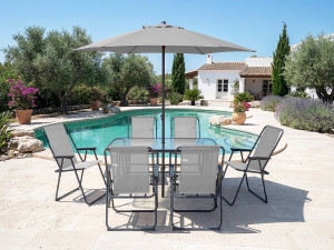 Mesa e cadeiras de jardim em metal "Convivia" com guarda-sol - 6 lugares - Cinzento claro 2