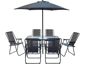 Mesa e cadeiras de jardim em metal "Convivia" com guarda-sol - 6 lugares - Cinzento antracite