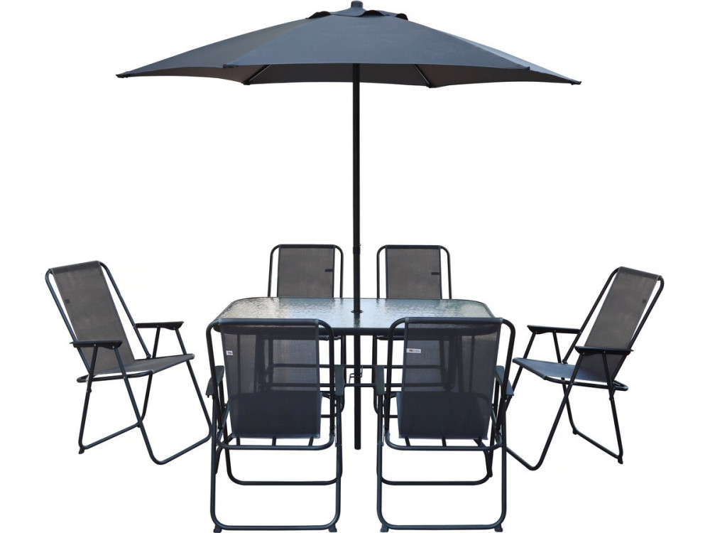 Mesa e cadeiras de jardim em metal "Convivia" com guarda-sol - 6 lugares - Cinzento antracite