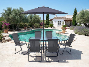 Mesa e cadeiras de jardim em metal "Convivia" com guarda-sol - 6 lugares - Cinzento antracite 2
