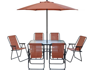 Mesa e cadeiras de jardim em metal "Convivia" com guarda-sol - 6 lugares - Terracota