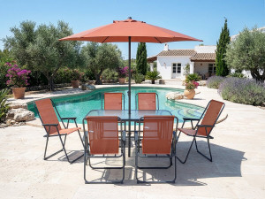 Mesa e cadeiras de jardim em metal "Convivia" com guarda-sol - 6 lugares - Terracota 2