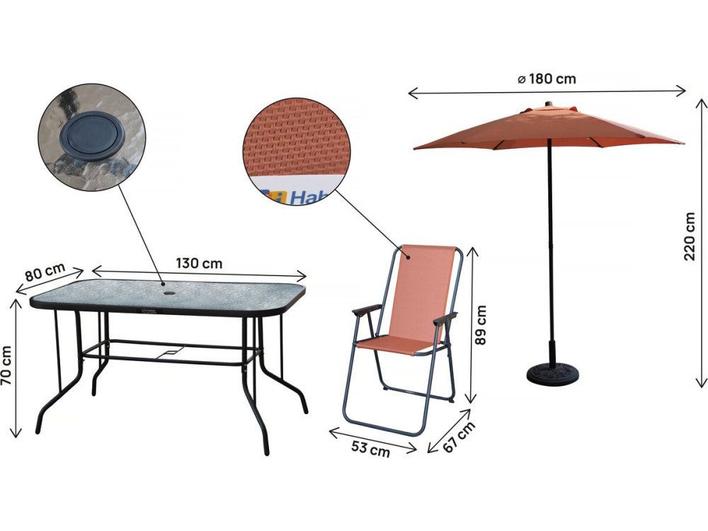 Mesa e cadeiras de jardim em metal "Convivia" com guarda-sol - 6 lugares - Terracota