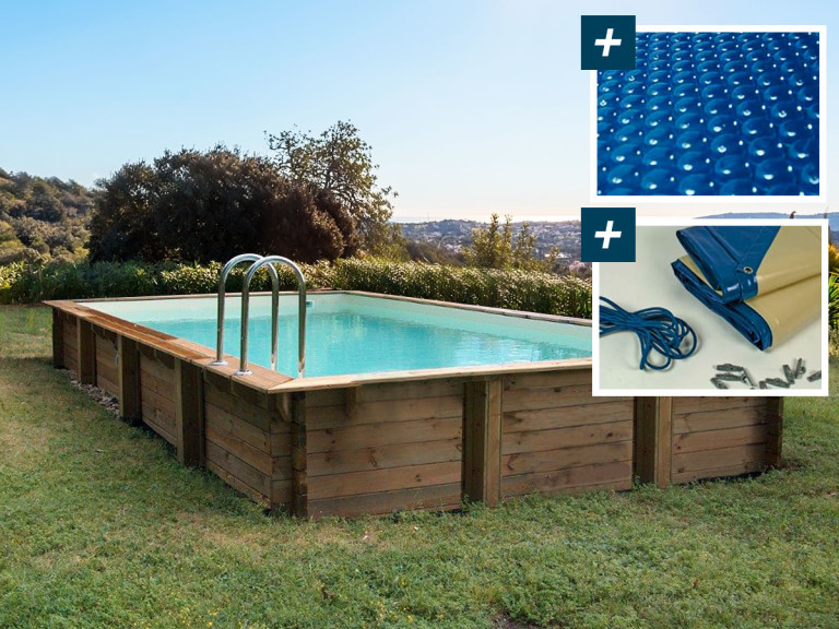 Kit piscina retangular de madeira "Kolanta" - 10,20 x 5,20 x 1,44 m + cobertura de bolhas 400 µ - cobertura de inverno 280 g/m²