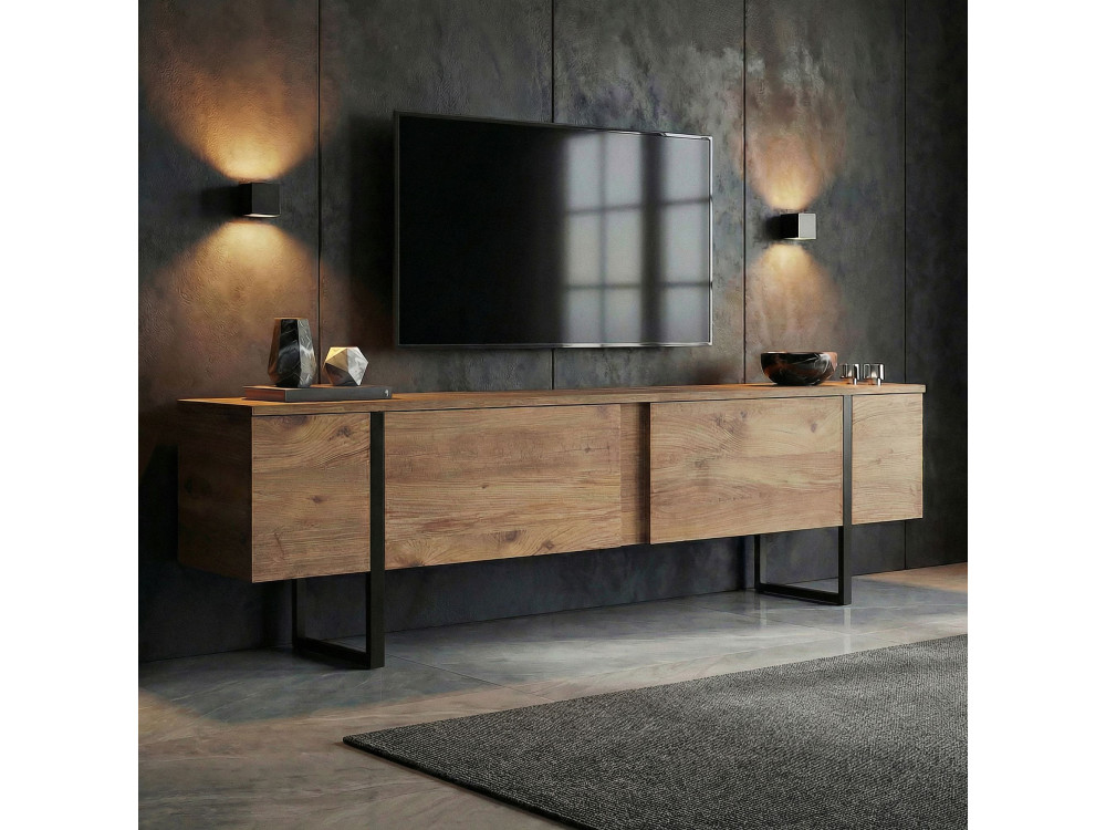 Suporte de TV em madeira "Onera" - 180 x 30 x 50 cm - Pinho Atlântico / Preto