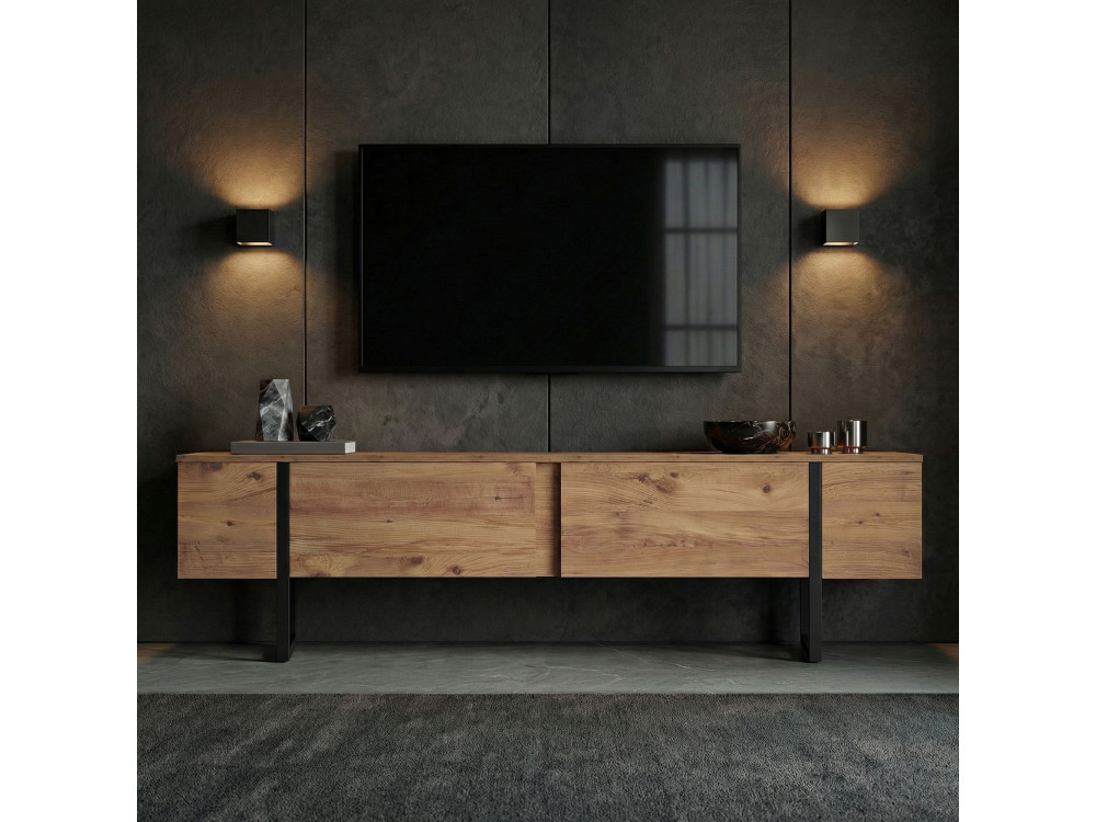 Suporte de TV em madeira "Onera" - 180 x 30 x 50 cm - Pinho Atlântico / Preto