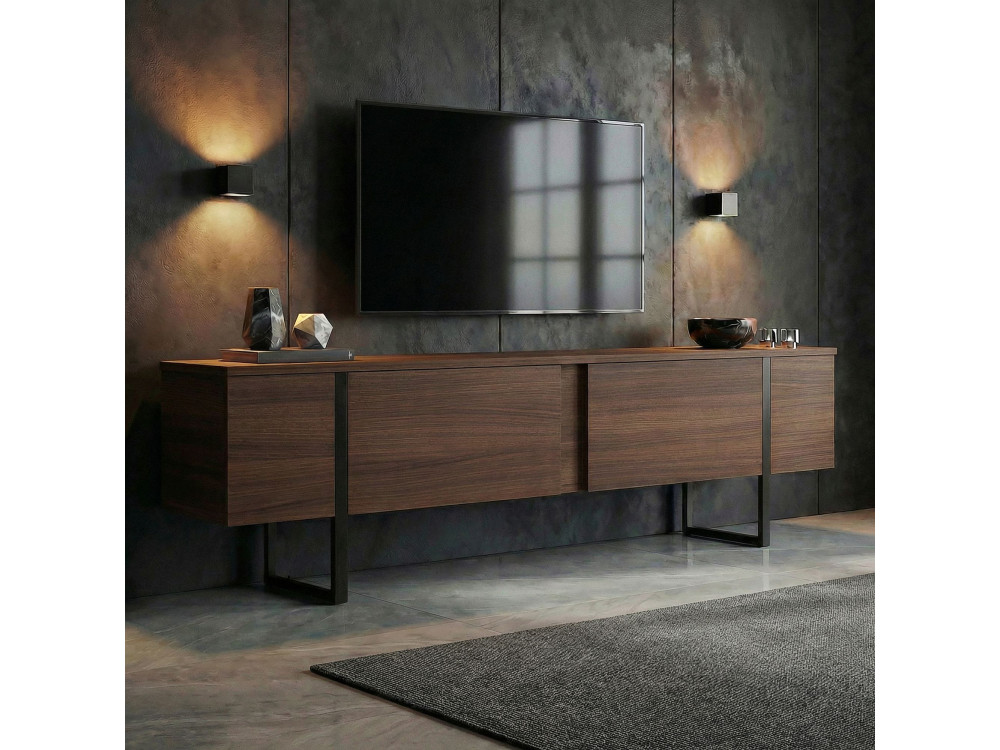 Suporte de TV em madeira "Onera" - 180 x 30 x 50 cm - Nogueira / Preto