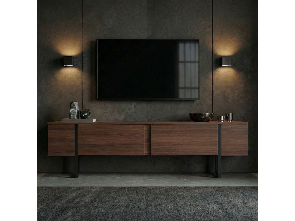 Suporte de TV em madeira "Onera" - 180 x 30 x 50 cm - Nogueira / Preto