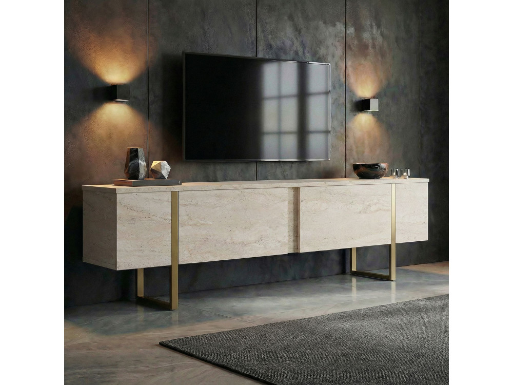 Suporte para televisor em madeira "Onera" - 180 x 30 x 50 cm - Travertino / Ouro