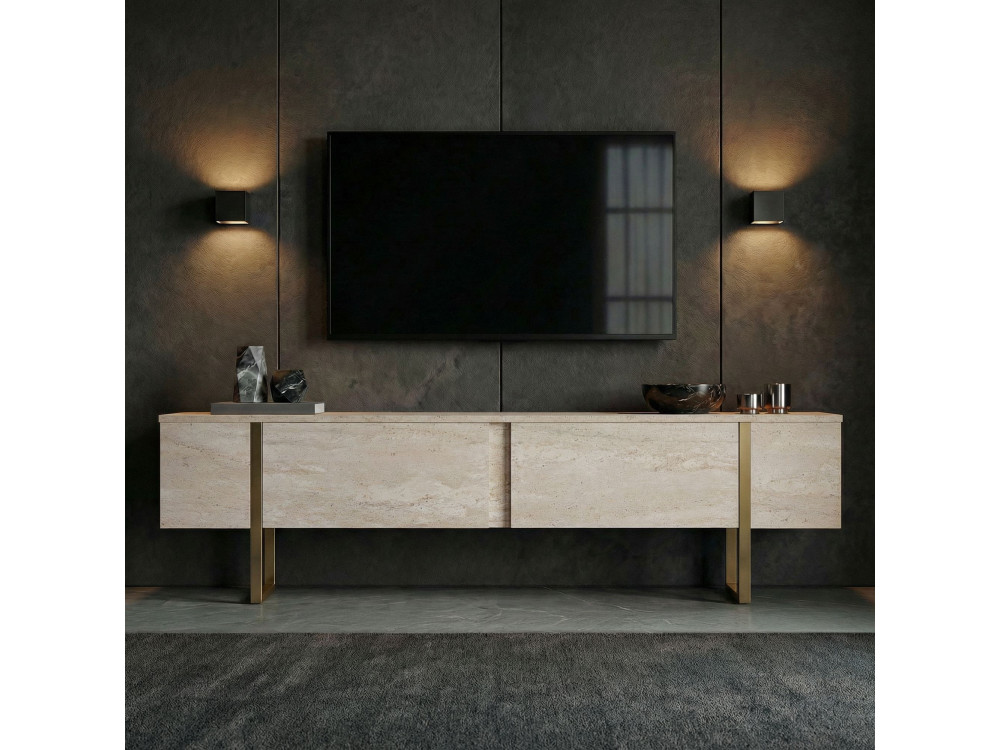 Suporte para televisor em madeira "Onera" - 180 x 30 x 50 cm - Travertino / Ouro