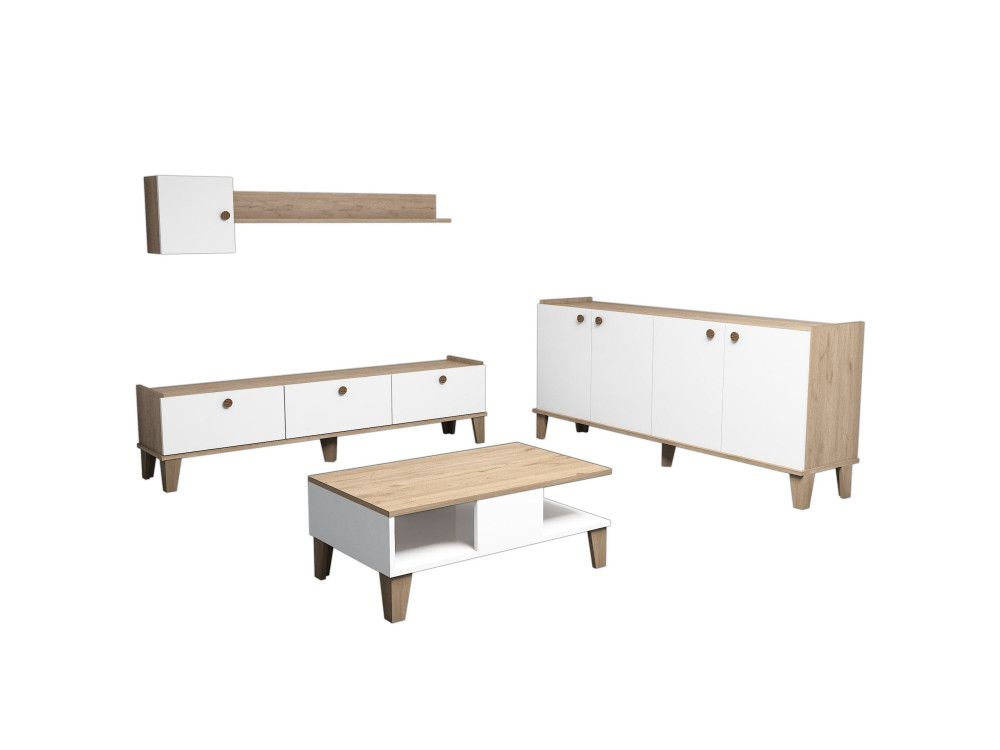 Conjunto de mobiliário para sala de estar em madeira "Sumer" - 180 x 41 x 77 cm - Branco