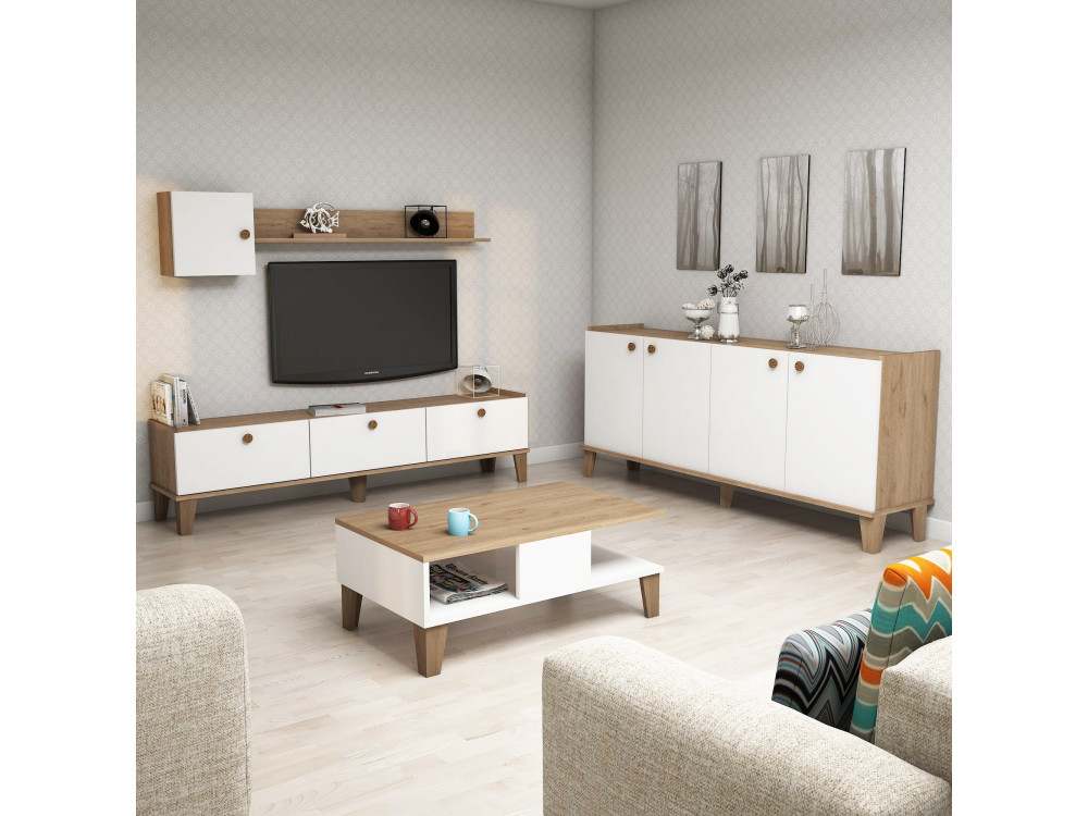 Conjunto de mobiliário para sala de estar em madeira "Sumer" - 180 x 41 x 77 cm - Branco
