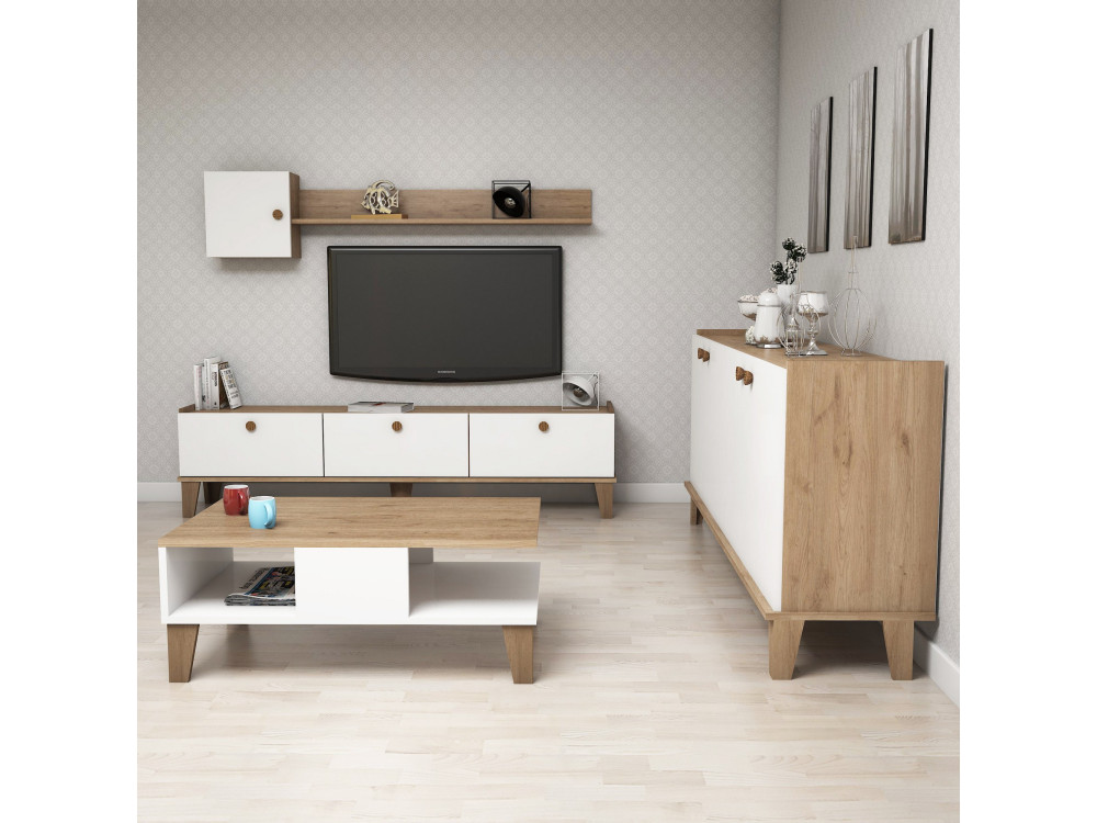 Conjunto de mobiliário para sala de estar em madeira "Sumer" - 180 x 41 x 77 cm - Branco