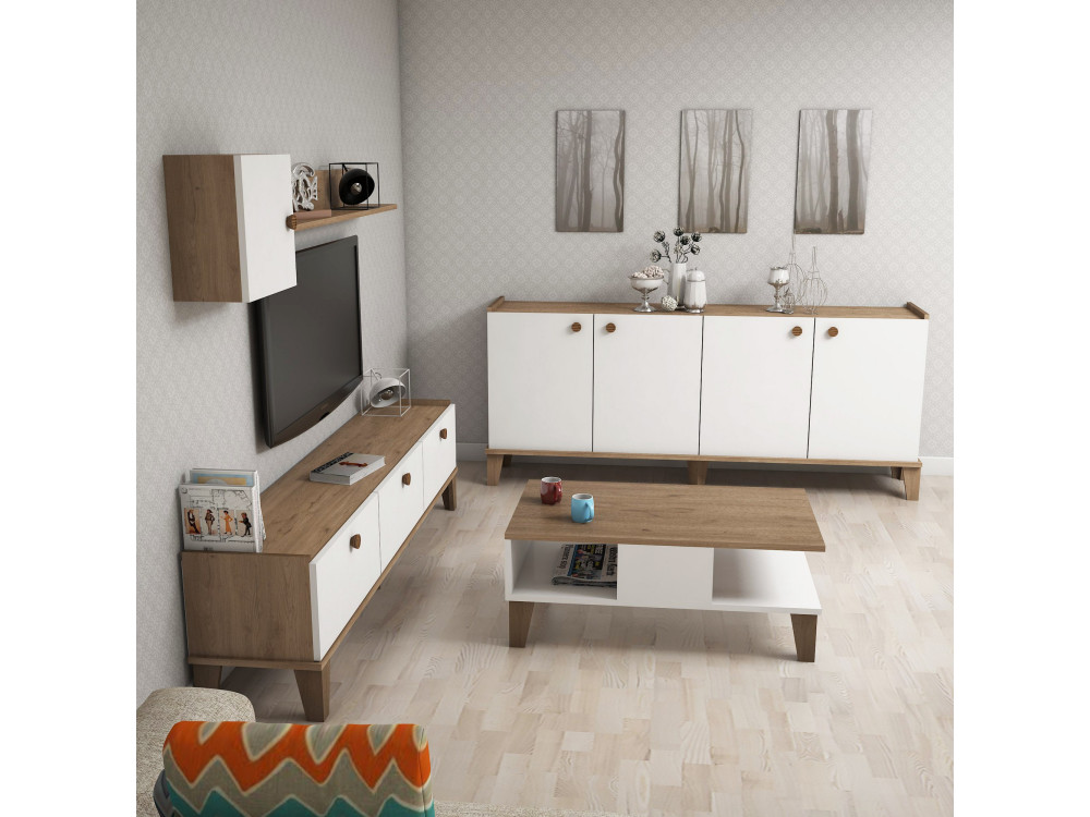 Conjunto de mobiliário para sala de estar em madeira "Sumer" - 180 x 41 x 77 cm - Branco