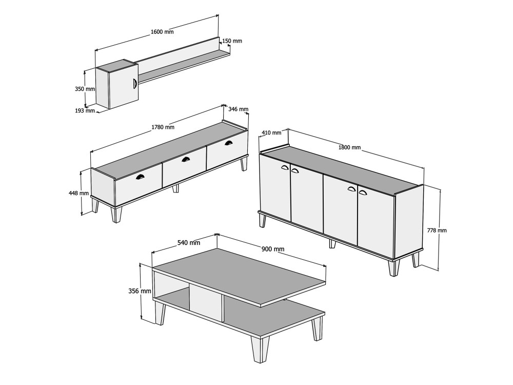 Conjunto de mobiliário para sala de estar em madeira "Sumer" - 180 x 41 x 77 cm - Branco