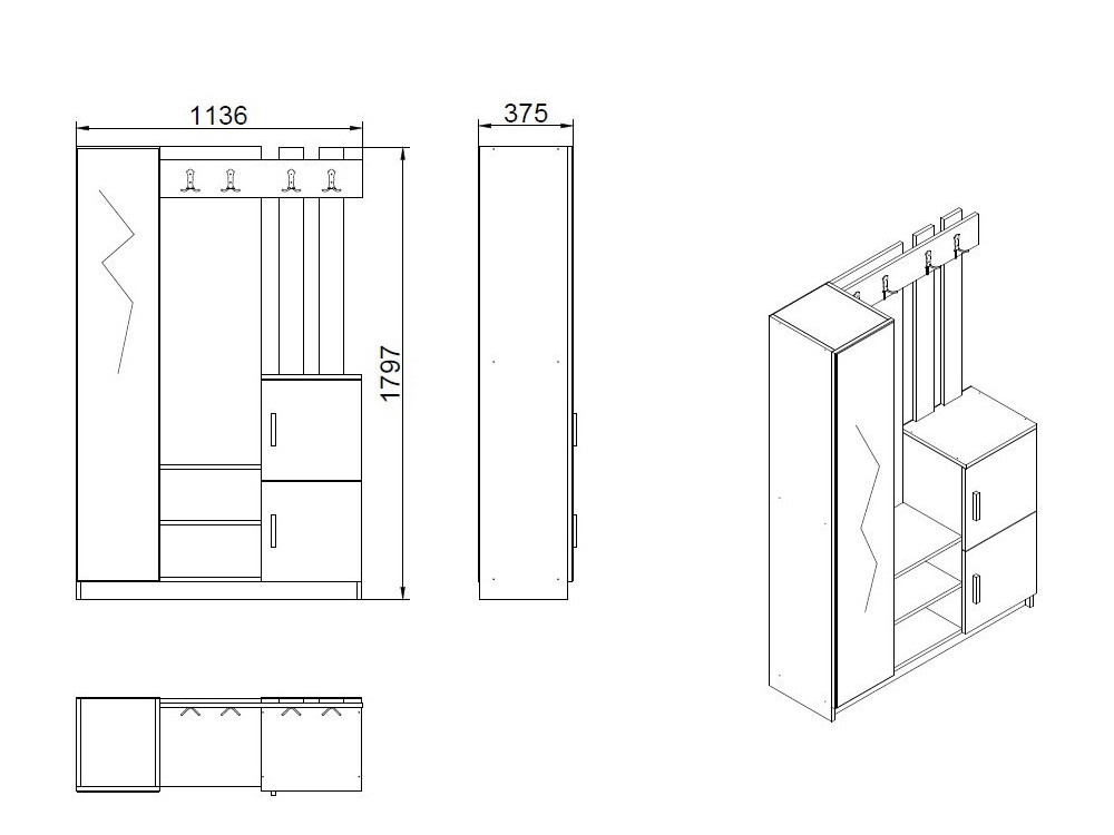 Móvel de madeira para corredor "DD7" - 113 x 37 x 179 cm - Branco