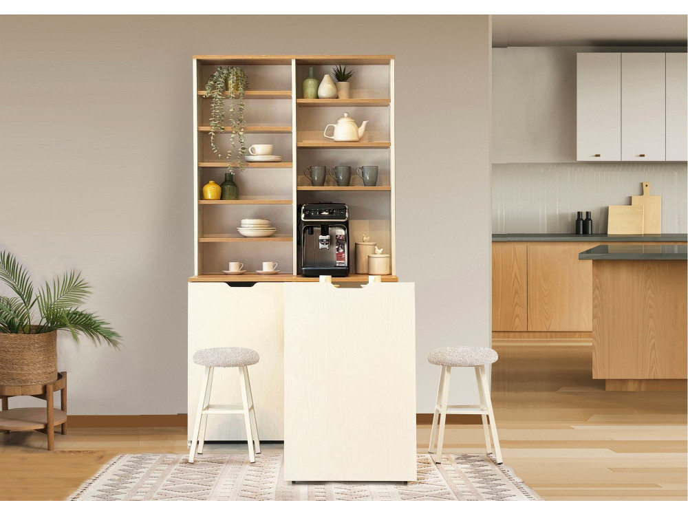 Expositor e bancos de madeira "Flexa" - 100 x 45 x 190 cm - Creme
