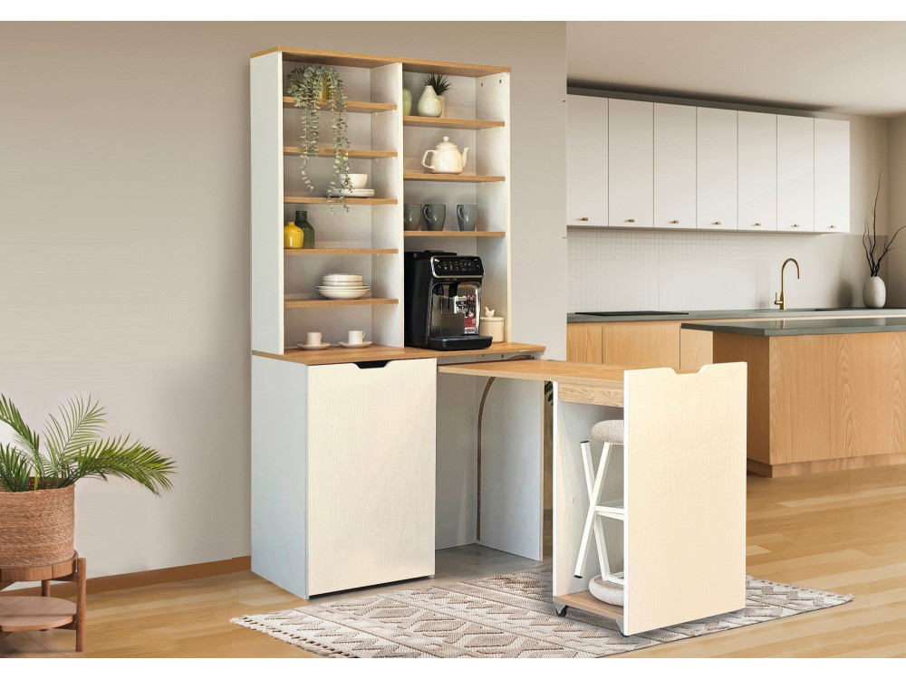 Expositor e bancos de madeira "Flexa" - 100 x 45 x 190 cm - Creme