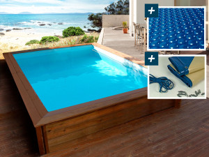 Piscina retangular de madeira "Toledo" - 3,00 x 2,00 x 0,71 m - capa bolha 180 µ - capa inverno 280 g/m²