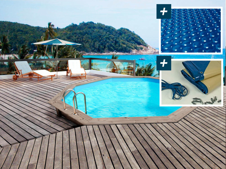 Piscina de madeira Venecia " - 5,80 x 1,31 m - capa bolha 400 µ - capa inverno 280 g/m²