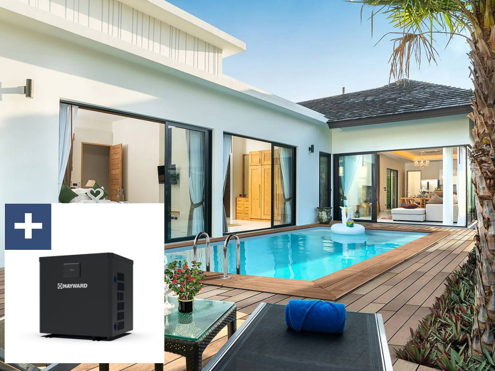 Piscina retangular de madeira "Aruba" - 5,00 x 3,00 x 1,24 m + Mini bomba de calor 3,5kW - Metal - Cinza