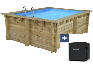 Piscina retangular em madeira "Caïmans 140" - 4,10 x 3,00 x 1,39 m + Mini bomba de calor 3,5 kW - Metal - Cinza