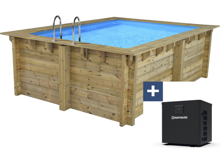 Piscina retangular em madeira "Caïmans 140" - 4,10 x 3,00 x 1,39 m + Mini bomba de calor 3,5 kW - Metal - Cinza
