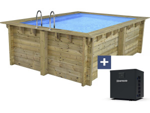Piscina retangular de madeira "Zanzibar" - 3,50 x 2,30 x 1,24 m + mini bomba de calor de 3,5 kW