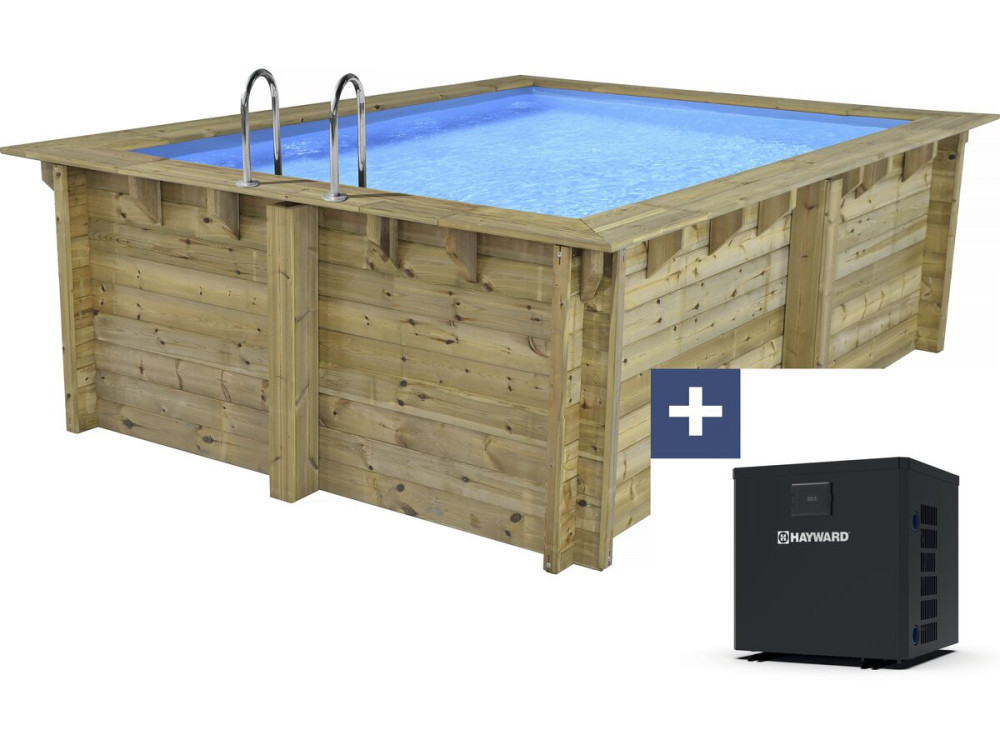 Piscina retangular de madeira "Zanzibar" - 3,50 x 2,30 x 1,24 m + mini bomba de calor de 3,5 kW