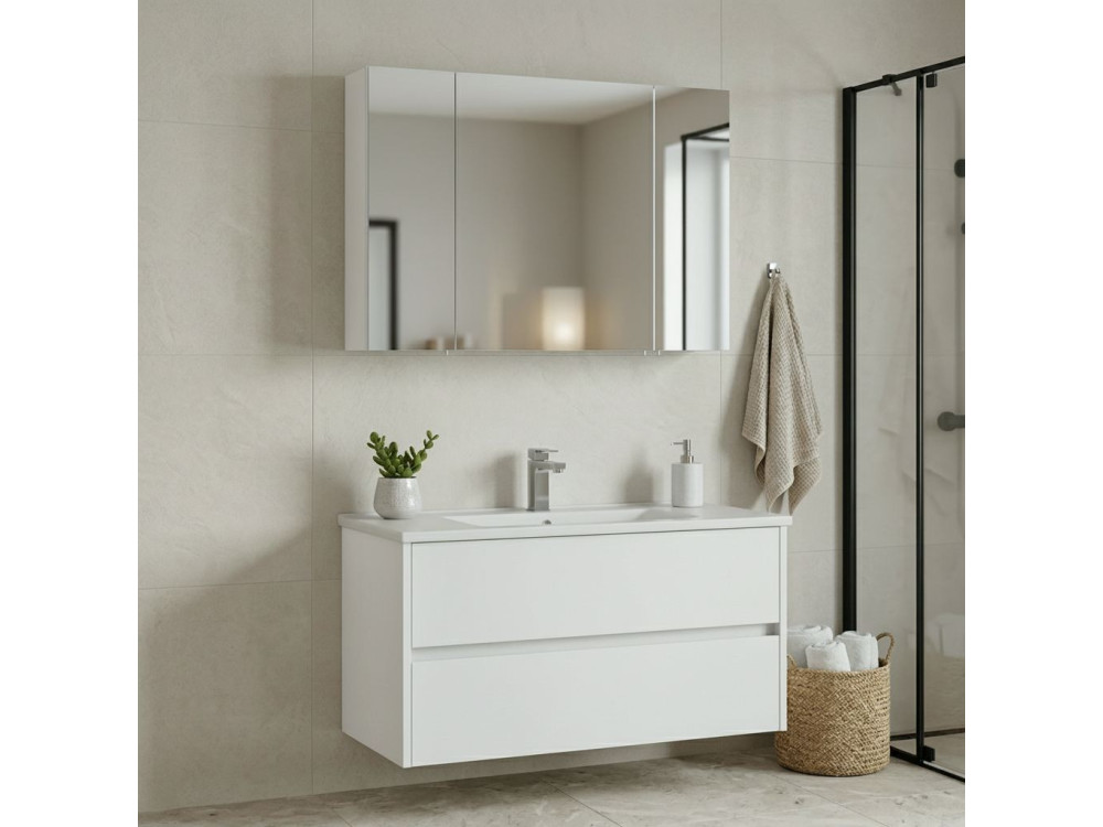 Conjunto de móvel com lavatório e espelho (2 peças) «Side 100 v3» - 100 x 16 x 52 cm - Branco mate