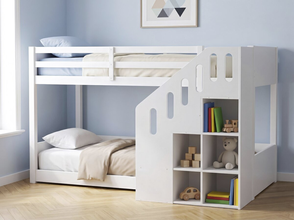 Cama de beliche em madeira com escada e arrumação «Léana» - 90 x 190 cm - Branco