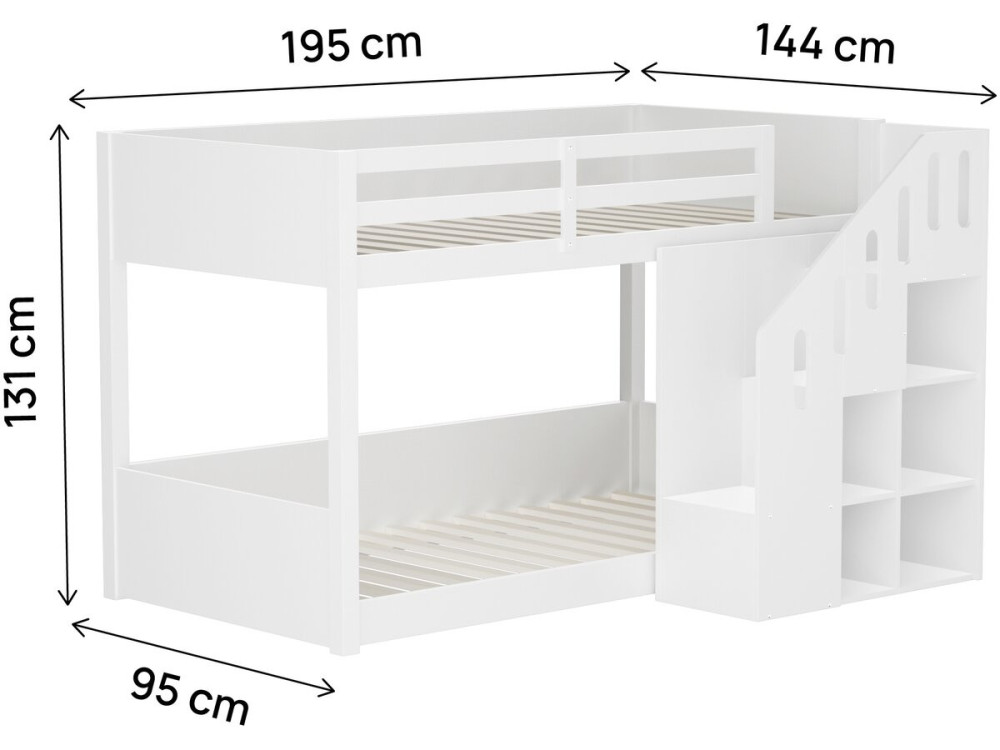 Cama de beliche em madeira com escada e arrumação «Léana» - 90 x 190 cm - Branco