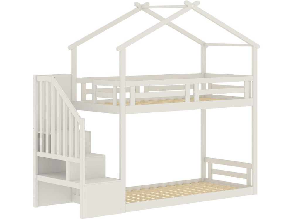 Cama de cabana com beliche e escada de madeira «Oriana» - 90 x 190 cm - Bege