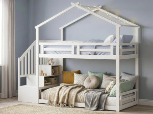 Cama de cabana com beliche e escada de madeira «Oriana» - 90 x 190 cm - Bege 2