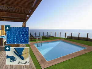 Piscina retangular em madeira "Caïmans 140" - 4,10 x 3,00 x 1,39 m + capa de bolha de 180 µ - capa de inverno 280 g/m² 2