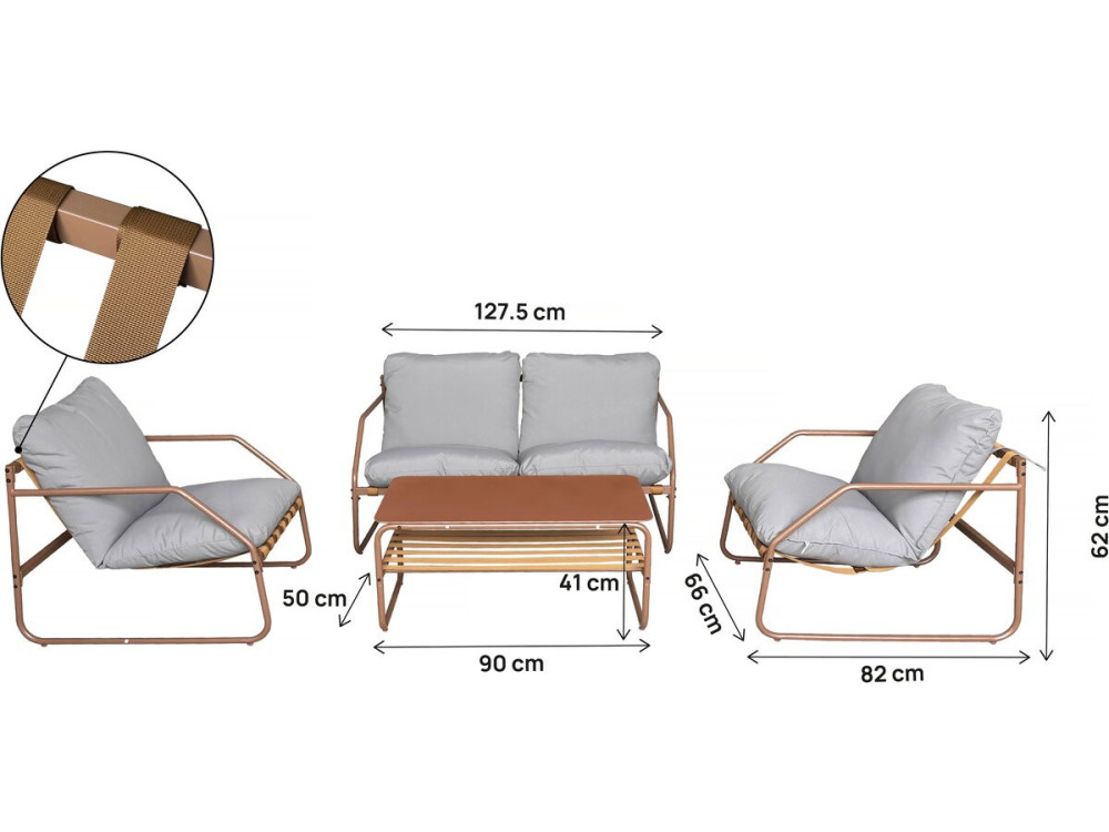 Conjunto de mobiliário de jardim em metal "Sora" com almofadas - 4 lugares - Terracota