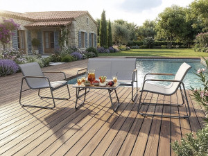 Conjunto de mobiliário de jardim em metal "Sparta" com decoração em imitação de madeira - 4 lugares - Cinzento claro 2