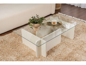 Mesa de centro de vidro "Flavio" 105 x 65 x 30 cm - Madeira branca 2