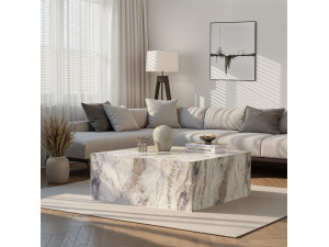 Mesa de centro em madeira "Prizma" - 90 x 90 x 35 cm - mármore Freesia 2