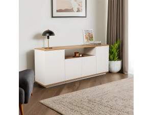 Aparador de madeira "Arista" - 180 x 44,5 x 75 cm - Branco / Carvalho Cadiz 2